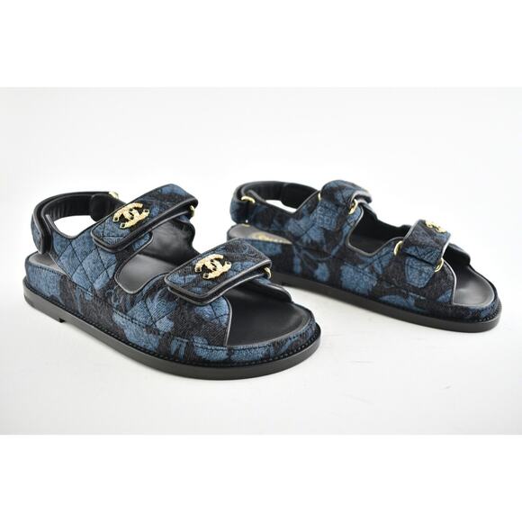 Chanel 21A Blue Black Grey Denim CC Logo Mule Slide Strap Flat Dad Sandal 39 - Picture 4 of 11